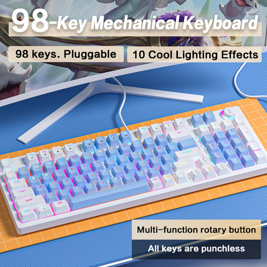 ZA981 Mechanical Keyboard Wired Computer Keyboard With RGB Backlit,98 Keys Knob light For Office/Home