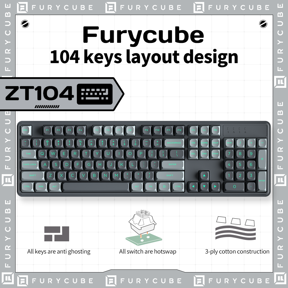 ZT104 Wired Mechanical Keyboard 104-Key,LED Backlit Wired Keyboard,PBT Keycaps Type-C USB Full- Key Hot-Swappable for Windows Computer Office Gaming PC