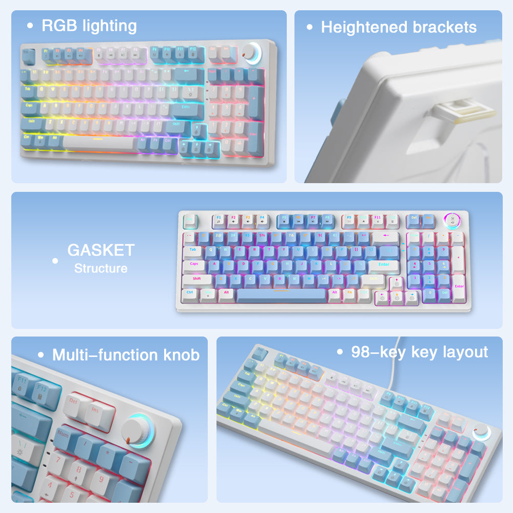 ZA981 Mechanical Keyboard Wired Computer Keyboard With RGB Backlit,98 Keys Knob light For Office/Home