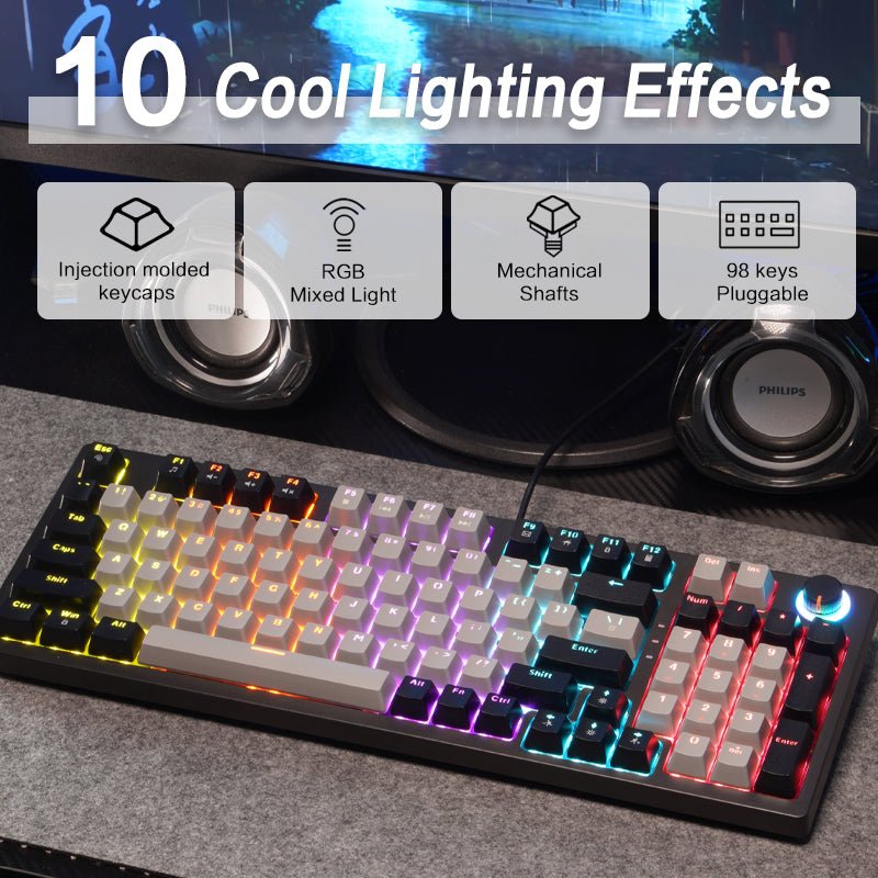 ZA981 Mechanical Keyboard Wired Computer Keyboard With RGB Backlit,98 Keys Knob light For Office/Home