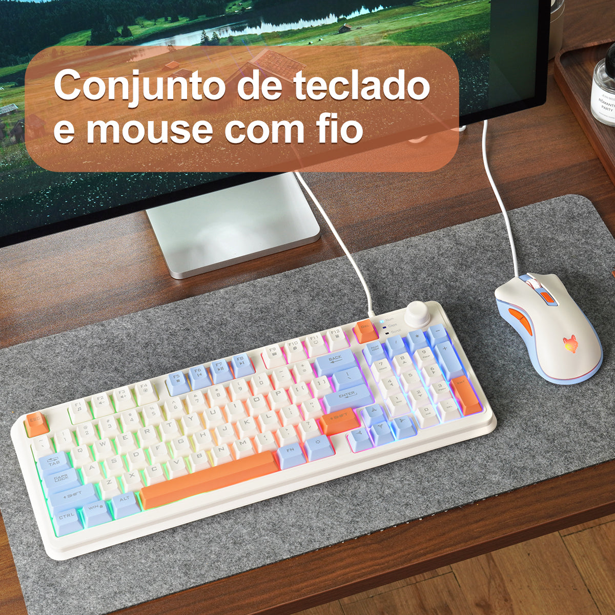 Teclado mecânico para jogos K82, conjunto de mouse e teclado para jogos com fio, com botão de volume independente, luz de fundo RGB para jogos de laptop com Windows PC (teclas de membrana)