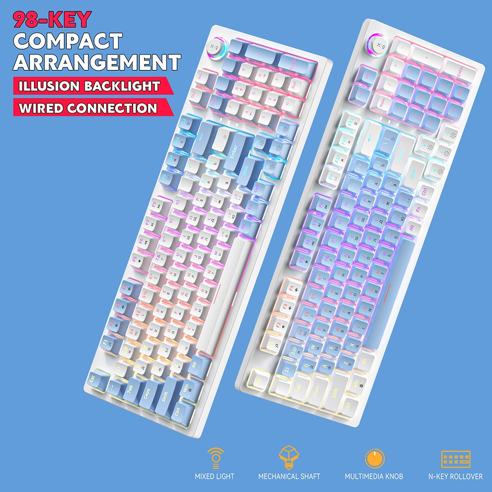 ZA981 Mechanical Keyboard Wired Computer Keyboard With RGB Backlit,98 Keys Knob light For Office/Home