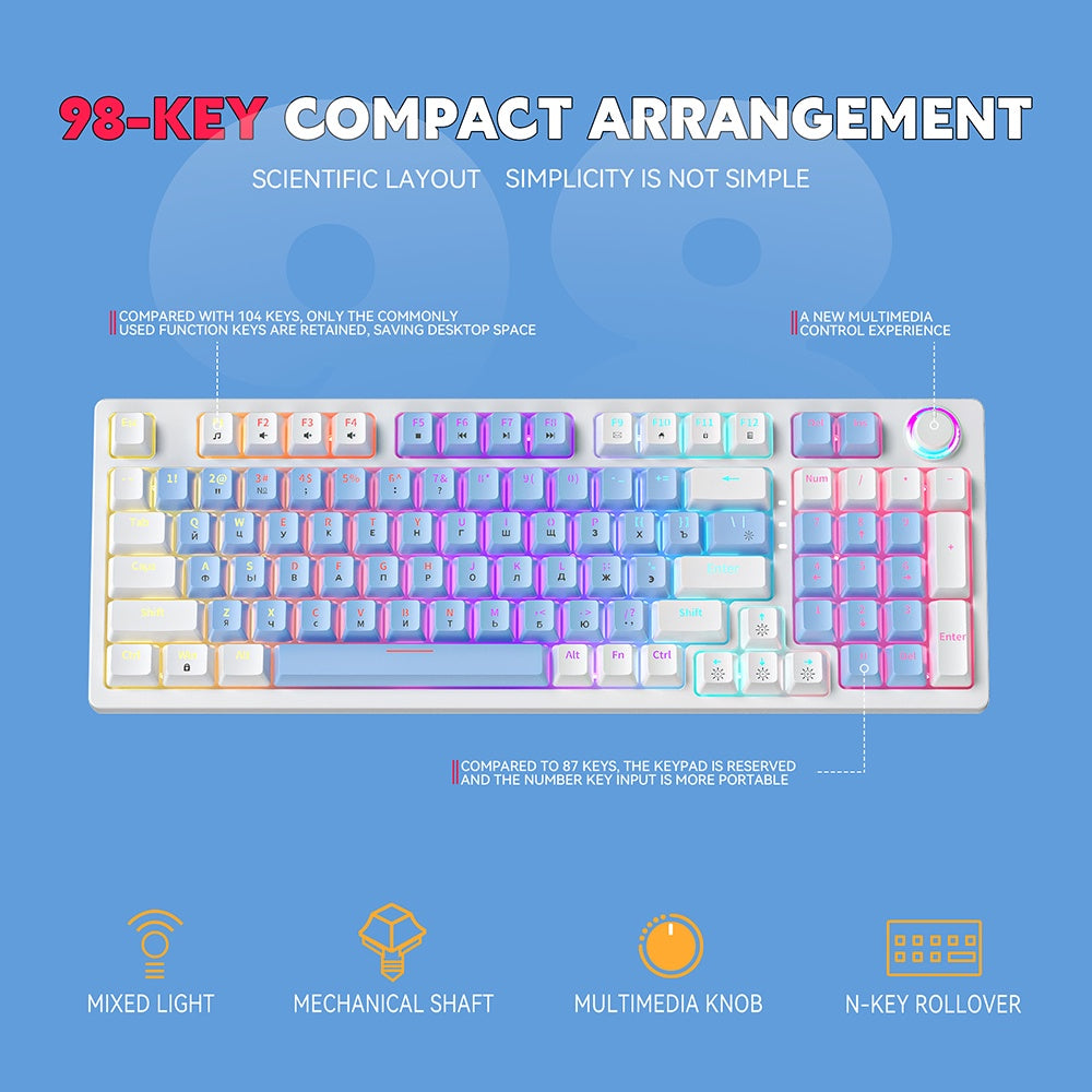 ZA981 Mechanical Keyboard Wired Computer Keyboard With RGB Backlit,98 Keys Knob light For Office/Home